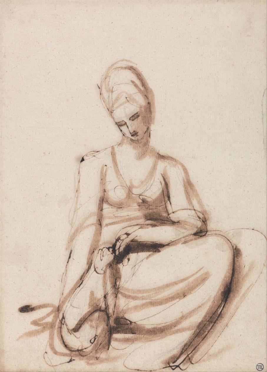 Istuva nainen ruokkii eläintä tekijältä George Romney
