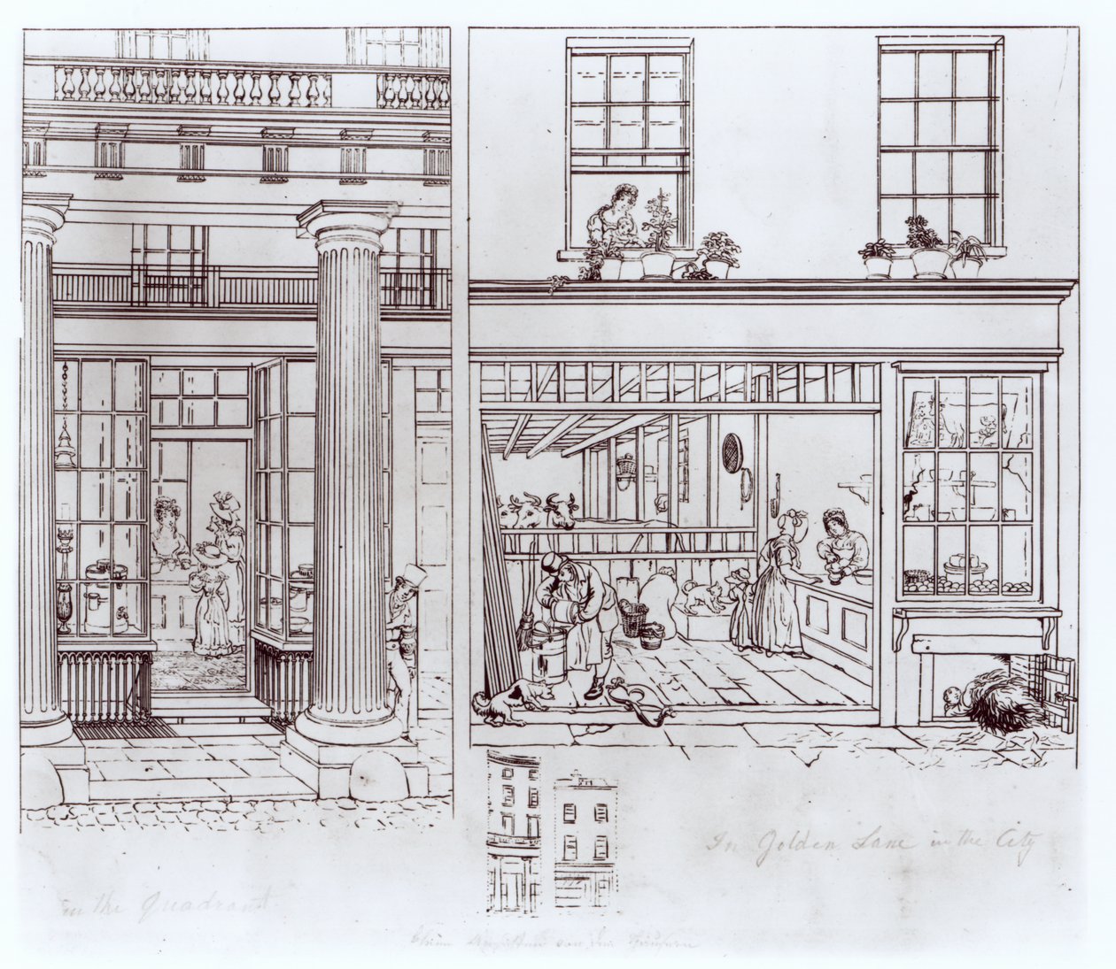 The Quadrant, Regent Street ja Golden Lane, Lontoo, n. 1829 (kynä paperille) tekijältä George Snr Scharf