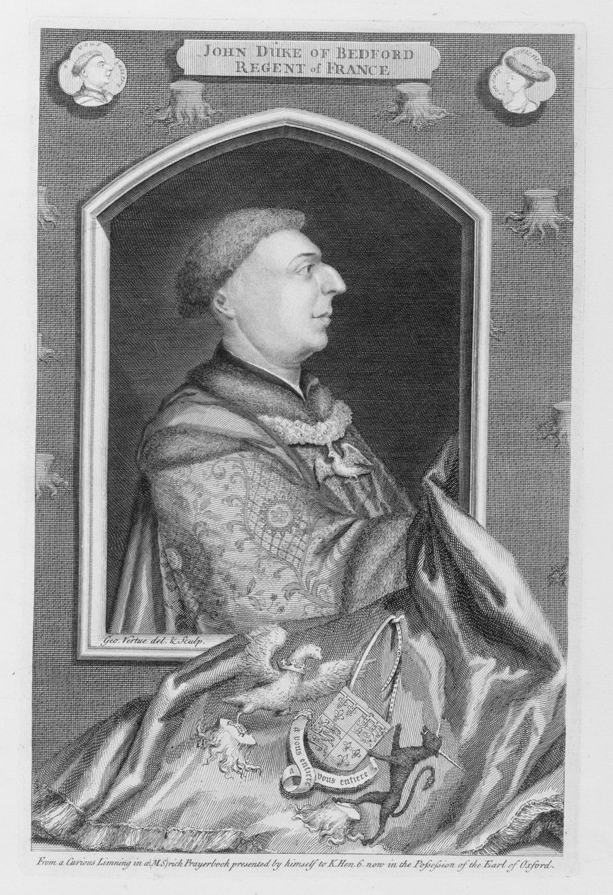 John of Lancaster, Bedfordin herttua (1389-1435) muotokuvan jälkeen rukouskirjassa, taiteilijan kaivertama tekijältä George Vertue