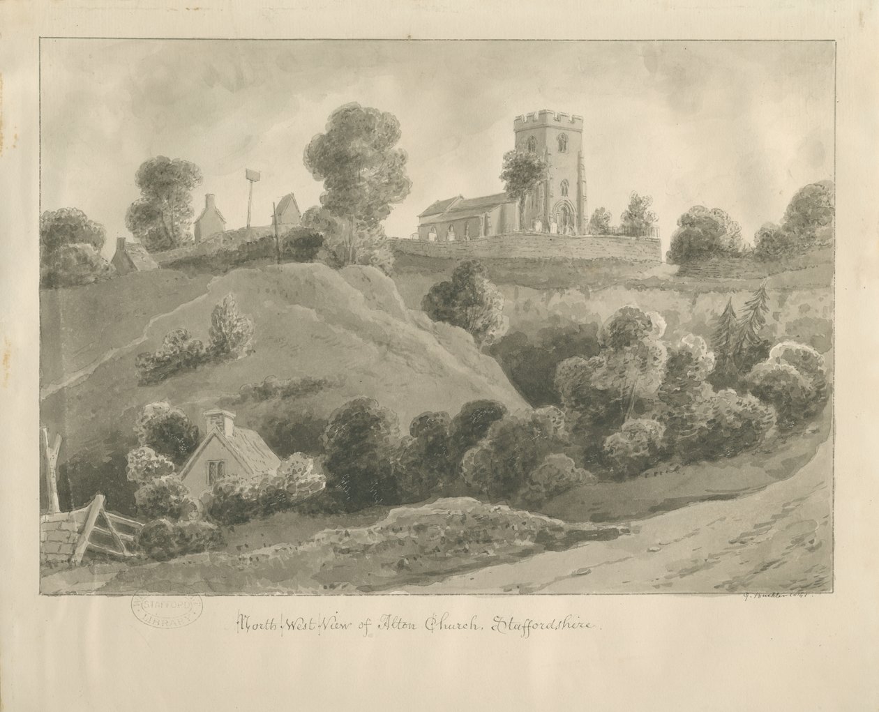 Alton Church: seepiapiirros, 1841 tekijältä George Buckler