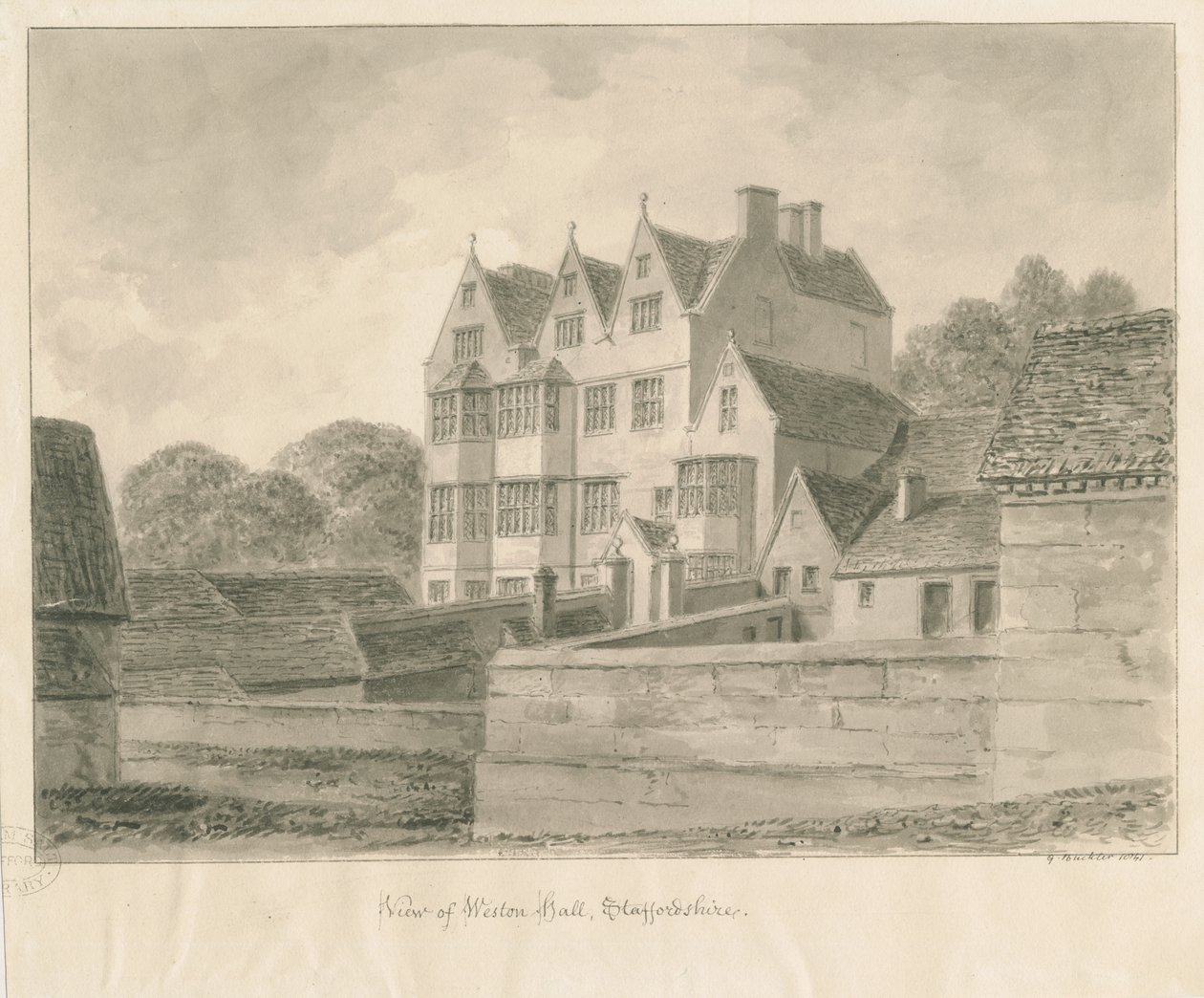 Weston-on-Trent - Hall: seepiapiirustus, 1841 tekijältä George Buckler