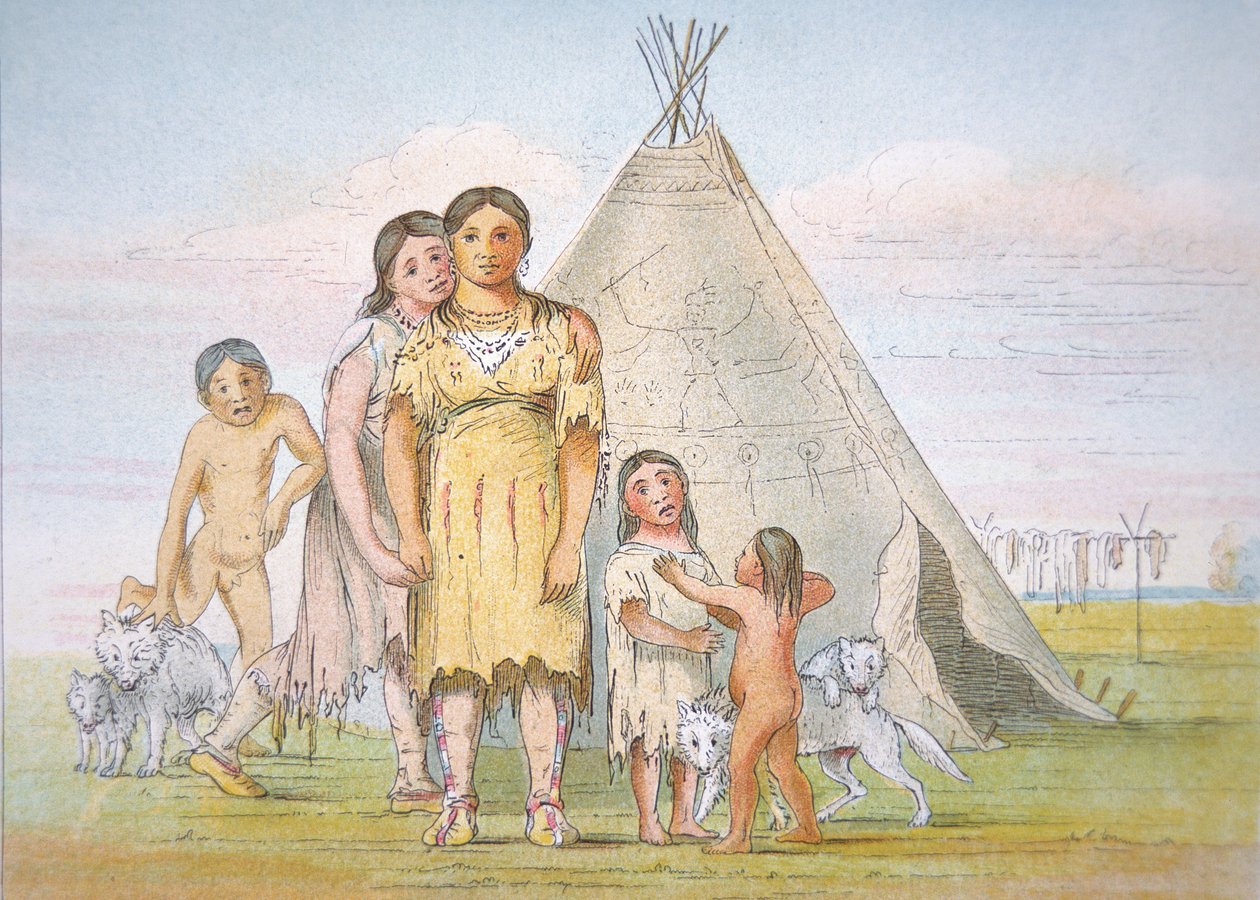 Comanche-perhe tiipiinsä ulkopuolella tekijältä George Catlin