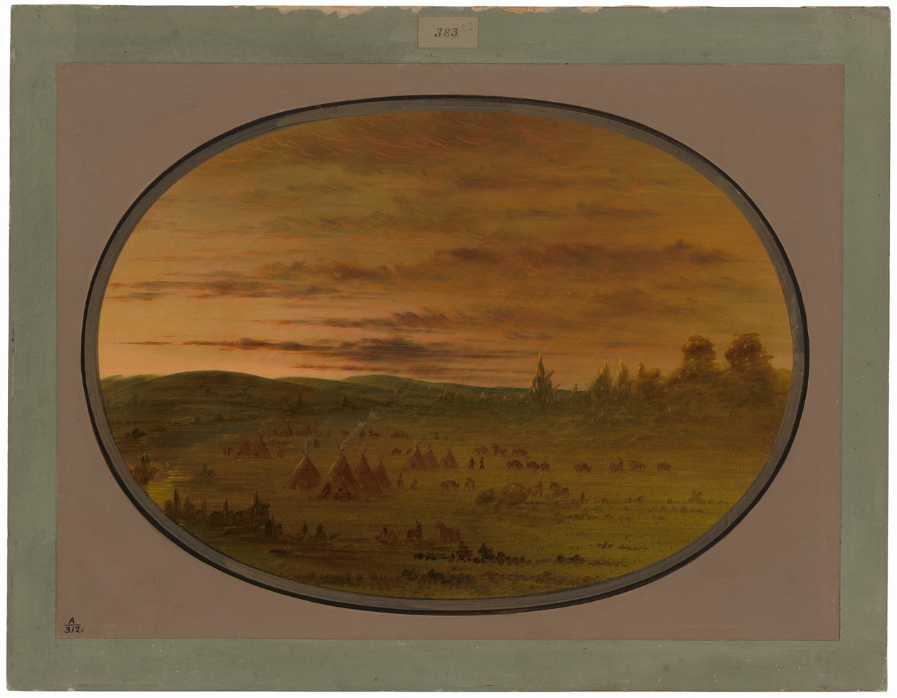 Intiaanileiri auringonlaskun aikaan tekijältä George Catlin