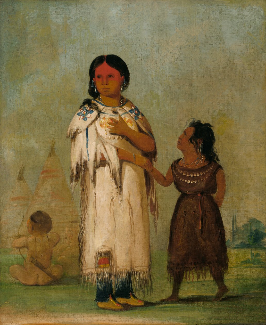 Assiniboin nainen ja lapsi, 1832. tekijältä George Catlin