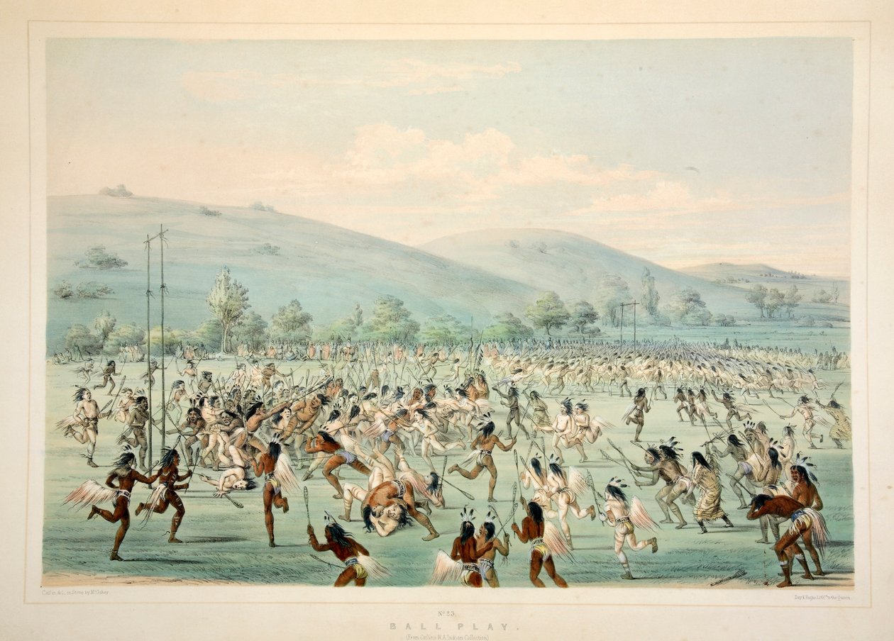 Pallopeli, pubi. 1845 värilitografia. tekijältä George Catlin