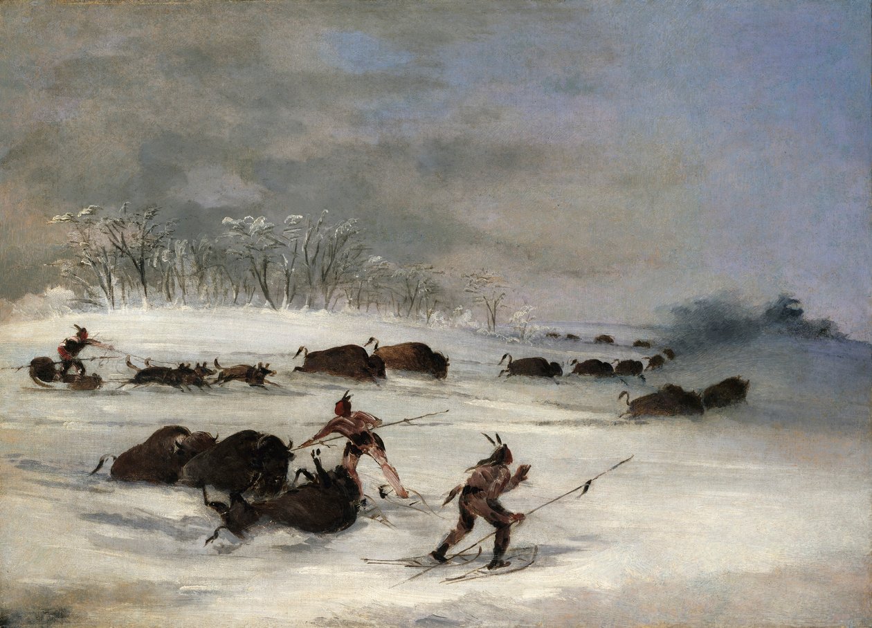 Sioux-intiaanit lumikengillä puhvelin lanssiminen tekijältä George Catlin