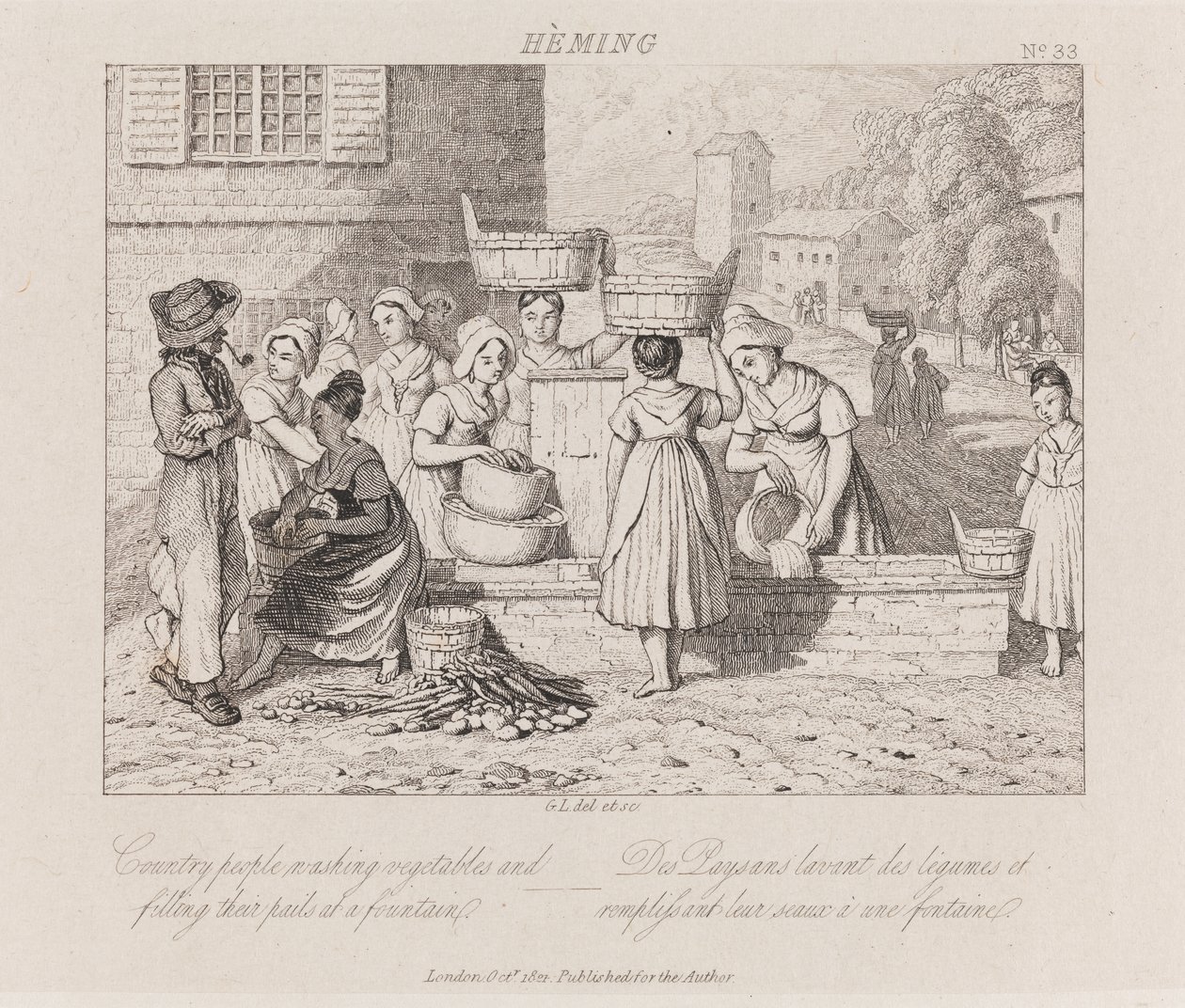 Pesuvihannekset, Heming, n. 1821 (etsaus) tekijältä George Robert Lewis