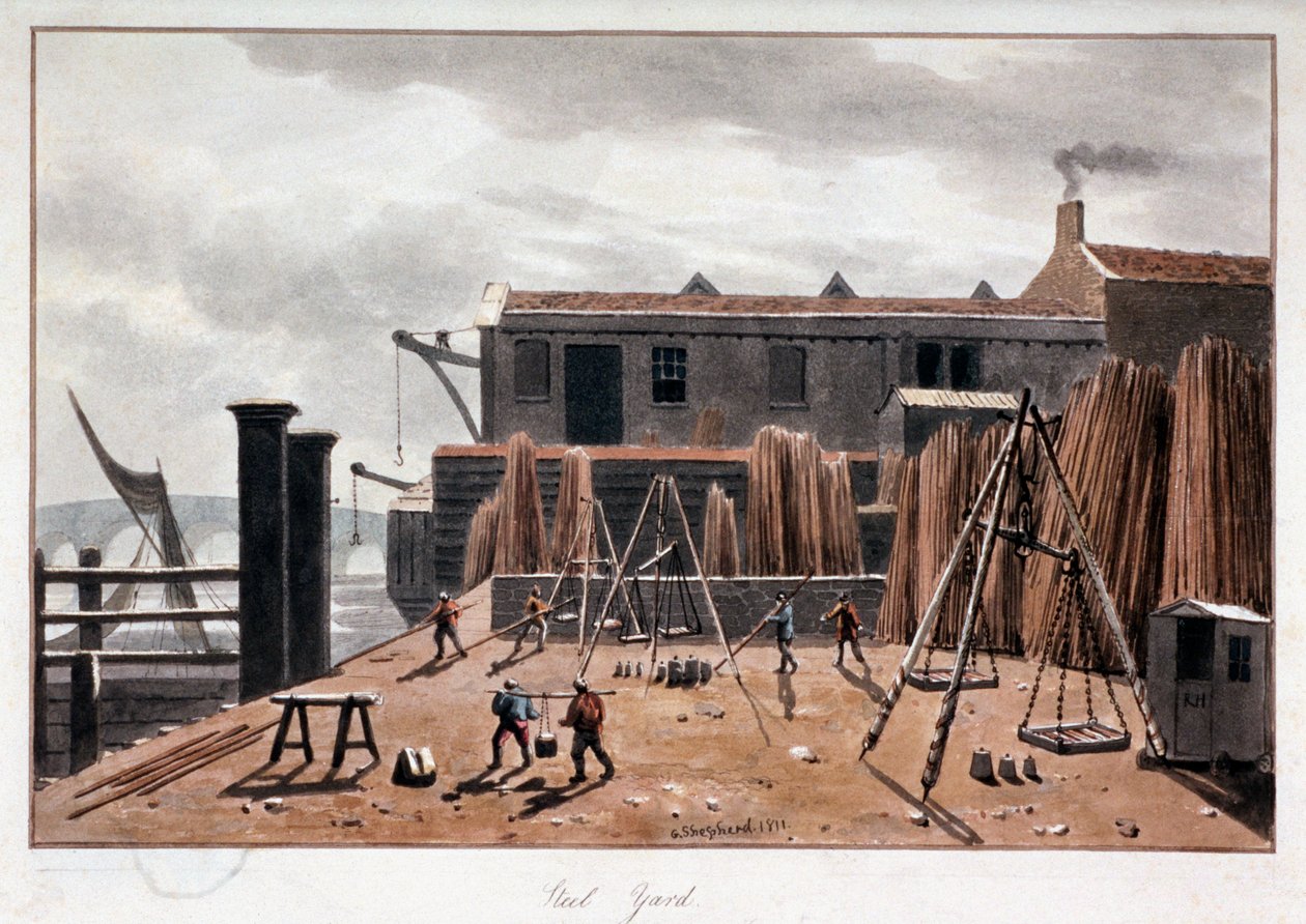 Näkymä Steelyard Wharfille, Lontoo, 1811 tekijältä George Shepherd