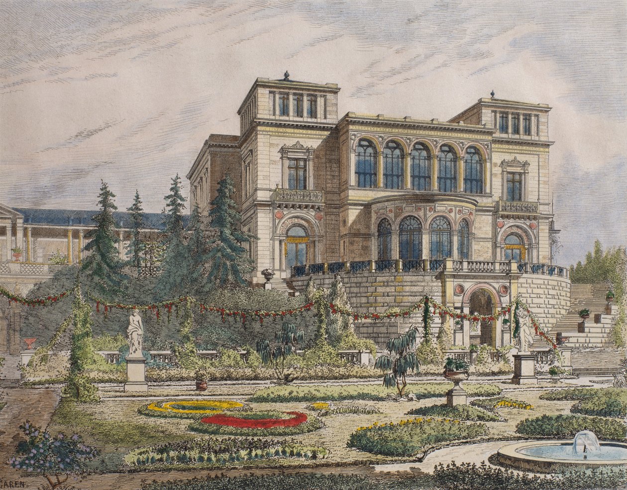 Linna lähellä Stuttgartia, veranta julkisivu, kuva "Le Moniteur des architectes", 1881 (värikaiverrus) tekijältä Georges Felix Garen