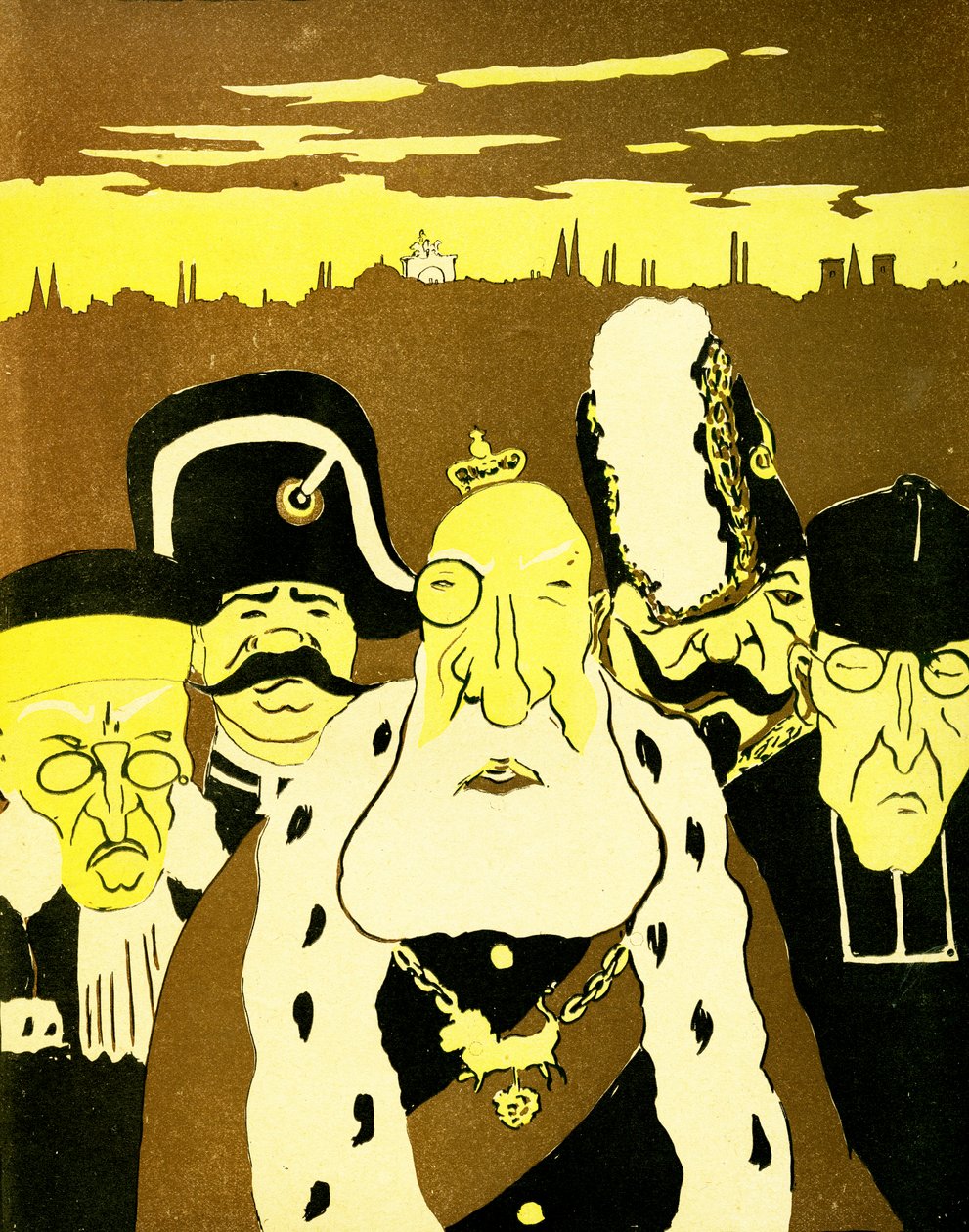 Leopold II kuvassa tuomioistuimen tuomarin, poliisin, sotilaskenraalin ja papin kanssa, 1904. tekijältä Georges d 1878 1937 Ostoya