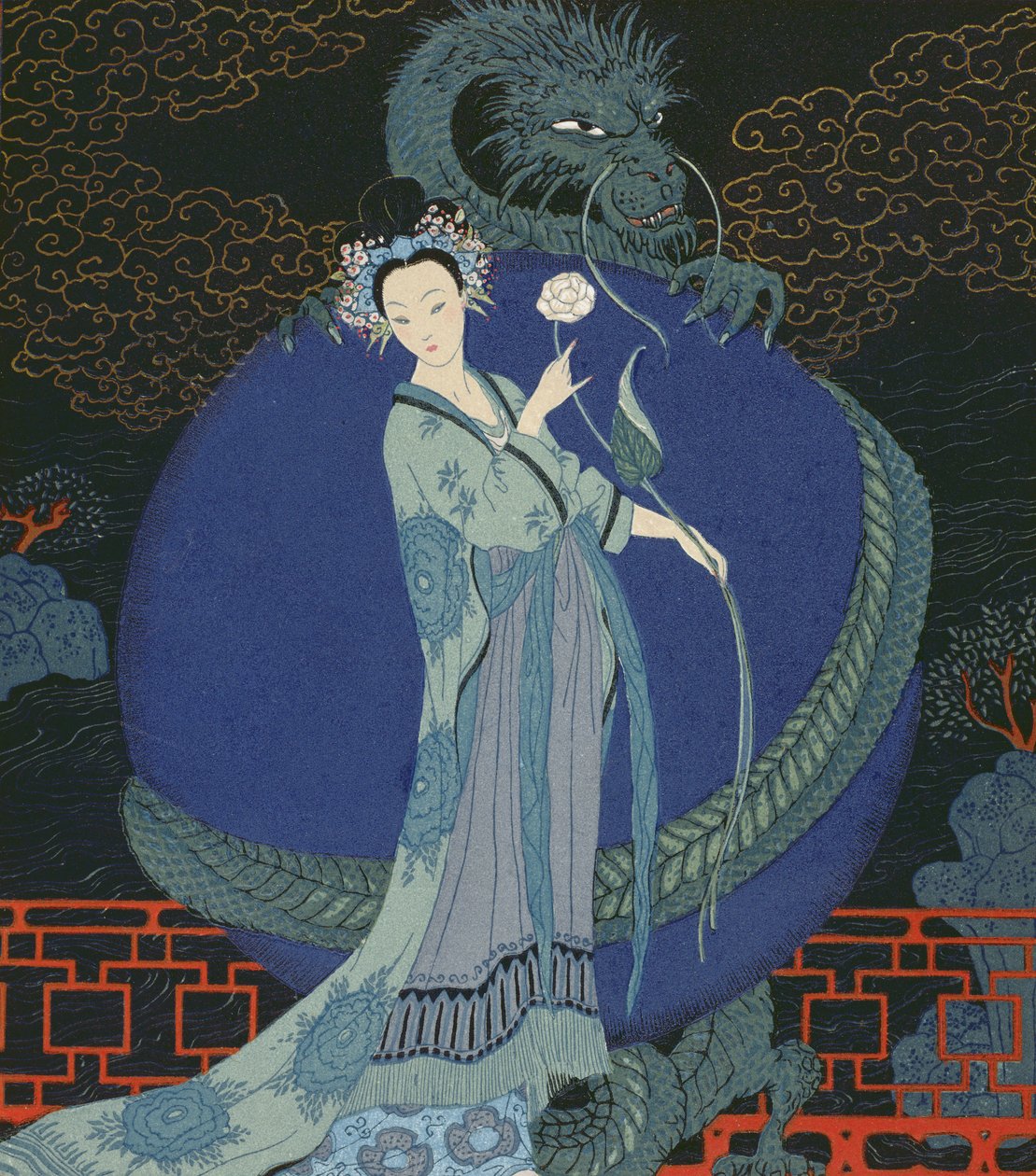 Lady with a Dragon (väri litho) tekijältä Georges Barbier
