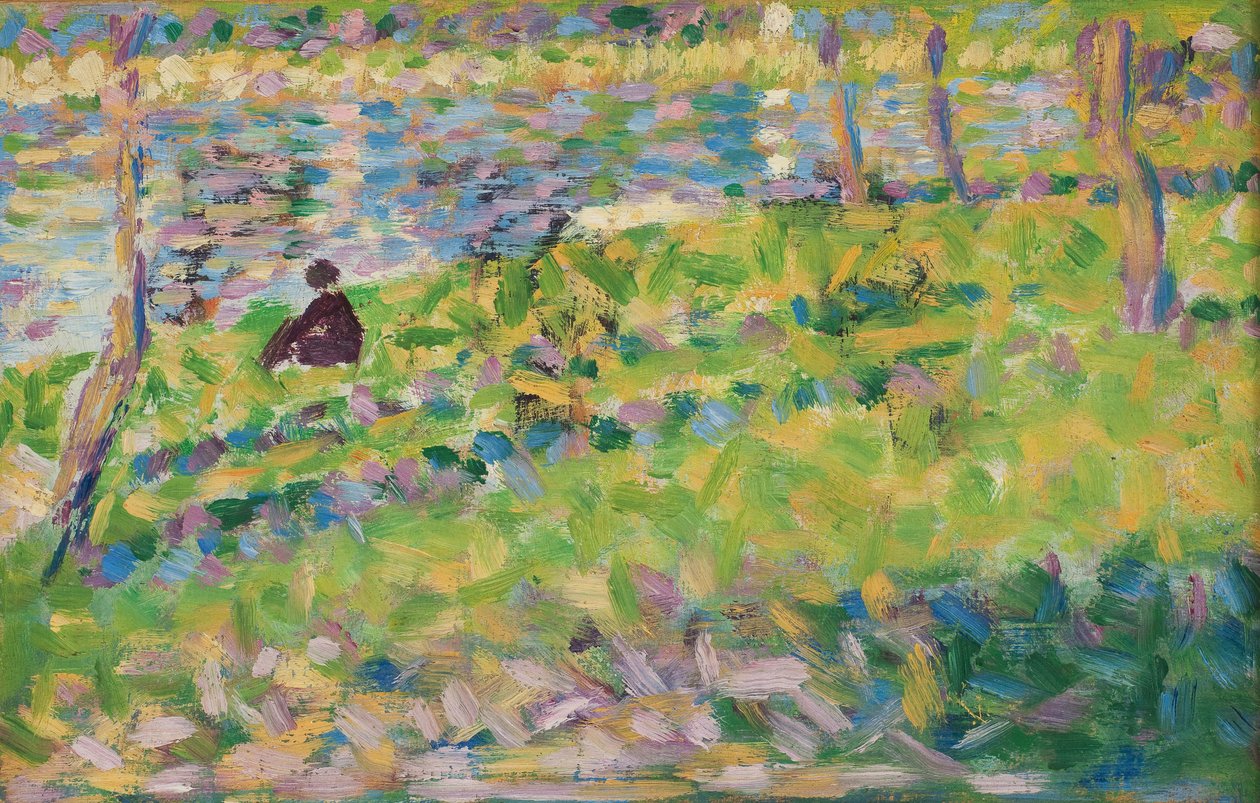 Maisema, istuva mies tekijältä Georges Pierre Seurat