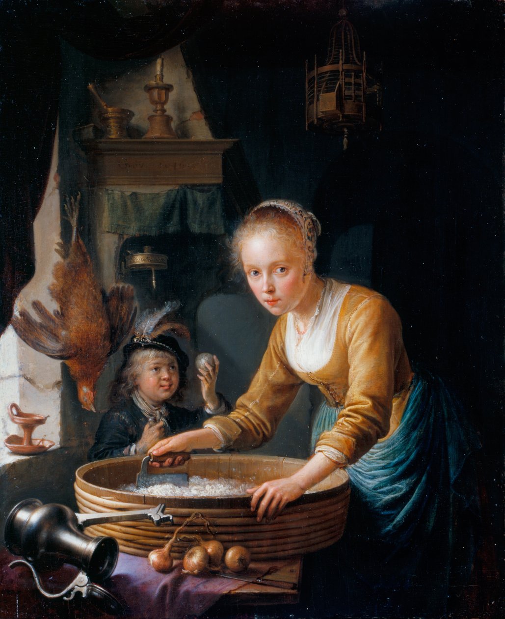 Tyttö pilkko sipulia tekijältä Gerrit Dou