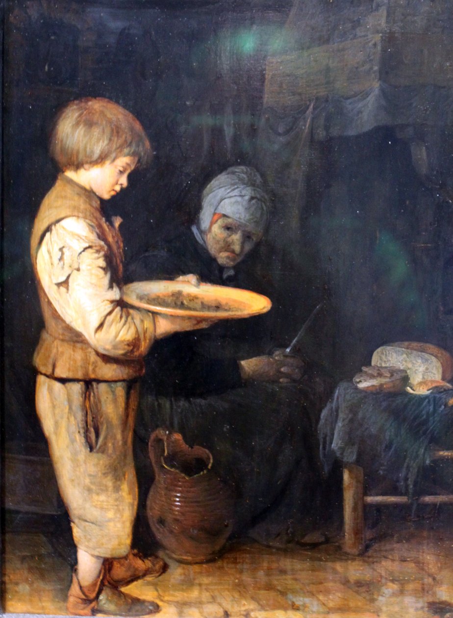 Vanha nainen ja poika jakavat yksinkertaisen aterian tekijältä Gerard ter Borch
