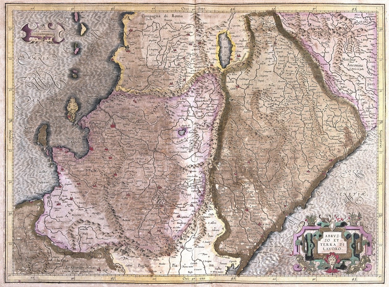 Abruzzo ja Campania, Italia (kaiverrus tekijältä Gerardus Mercator