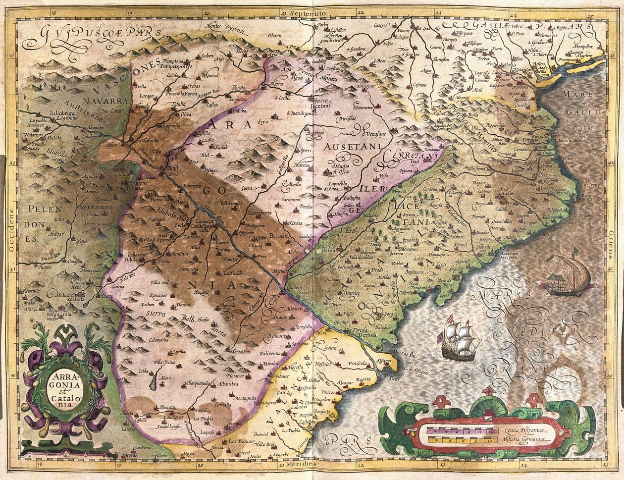 Aragon ja Katalonia, Espanja (kaiverrus tekijältä Gerardus Mercator