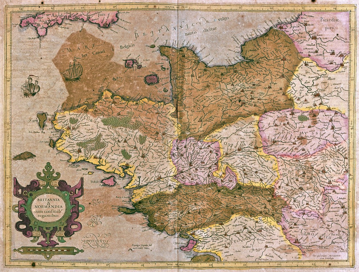 Bretagne ja Normandia, Ranska (kaiverrus tekijältä Gerardus Mercator
