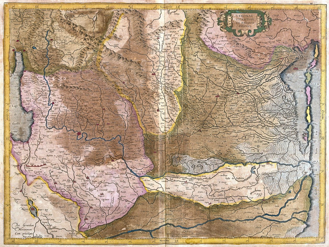 Verona, Vicenza ja Padova, Italia (kaiverrus tekijältä Gerardus Mercator