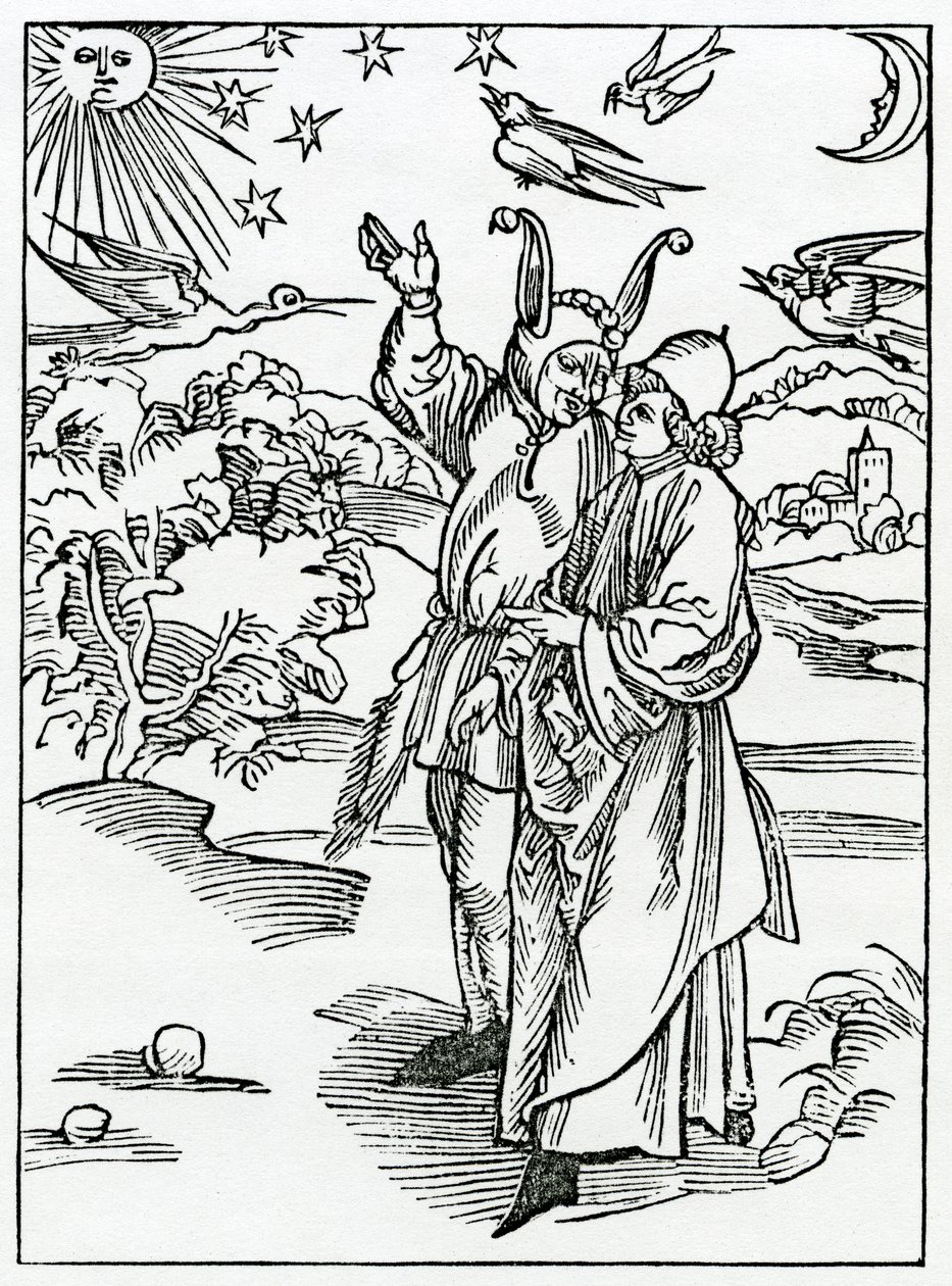 Tähtitieteellinen parannuskeino, esimerkki Alexander Barclayn englanninkielisestä käännöksestä "The Ship of Fools" vuonna 1874 julkaistusta painoksesta tekijältä German School