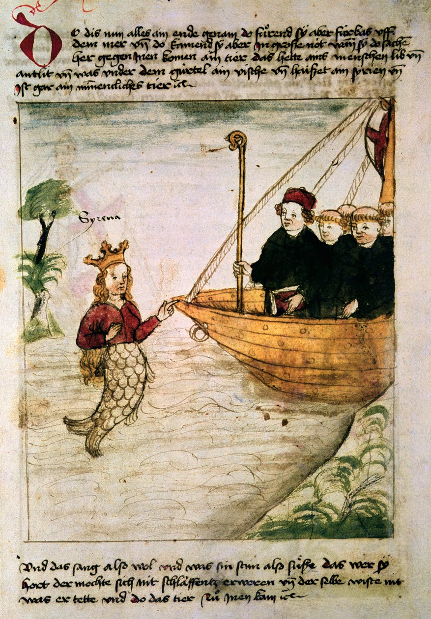 St Brendan ja sireeni, saksankielisestä käännöksestä The voyage of the Abbot of St Brendan, n. 1476 tekijältä German School