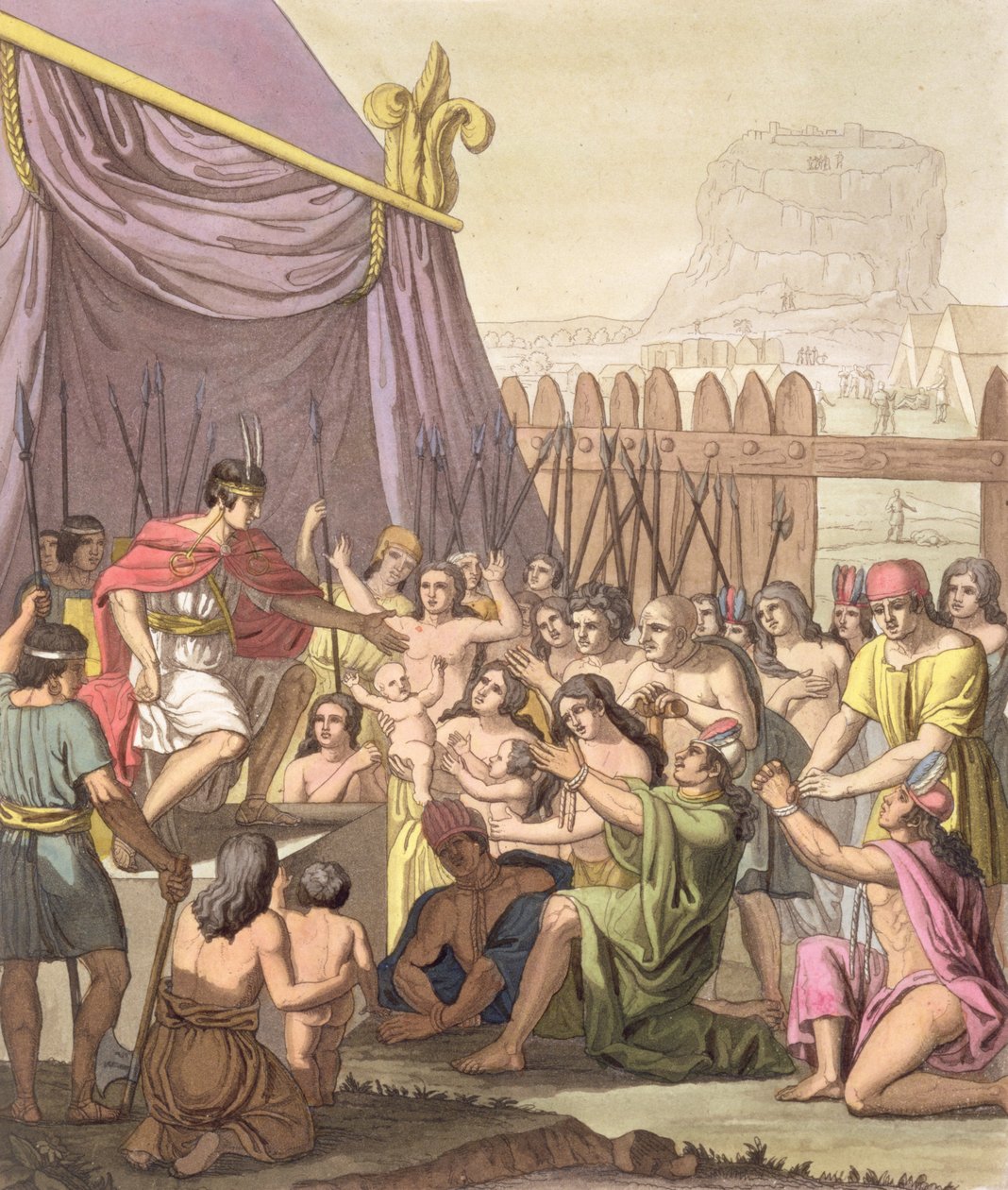 Mayta-Capacin armahdus: tarjoaa armahduksen Perun Caeyavirin valloitetuille heimopäälliköille Jules Ferrarion julkaisusta Le Costume Ancien et Moderne, osa I, levy 18, julkaistu 1820-30-luvulla. tekijältä Gerolamo Fumagalli