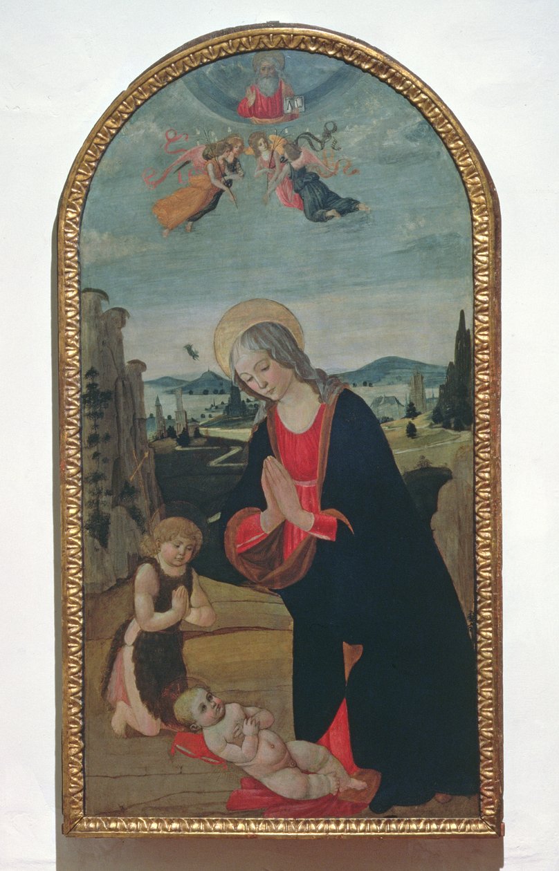 Madonna ja Johannes Kastajan lapsi palvovat Kristuksen lasta (paneeli). tekijältä Gherardo di Giovanni