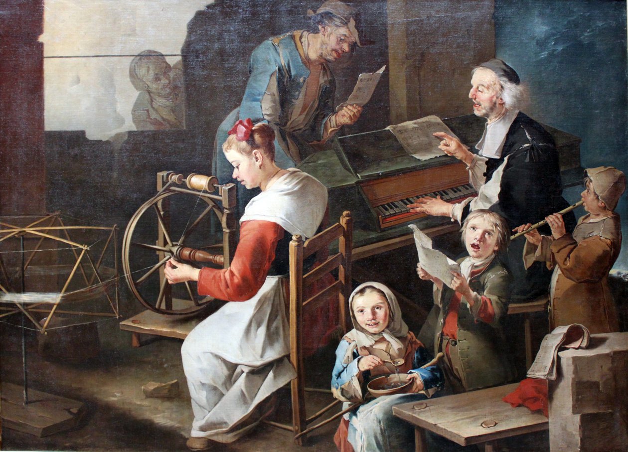 Häusliche Szene mit Musikanten und Spinnerin tekijältä Giacomo Francesco Cipper