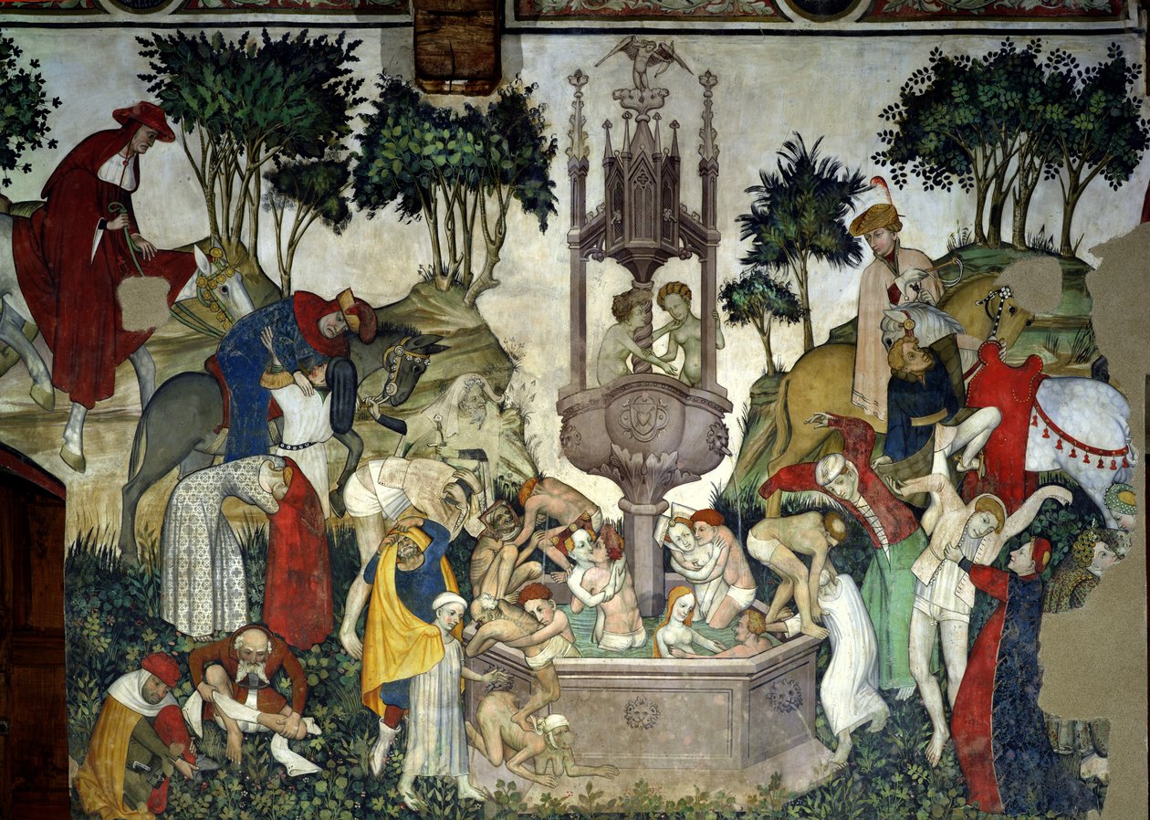 Elämän lähde, yksityiskohta ihmisistä saapuvista ja suihkulähteessä kylpemisestä, 1418-30 tekijältä Giacomo Jaquerio