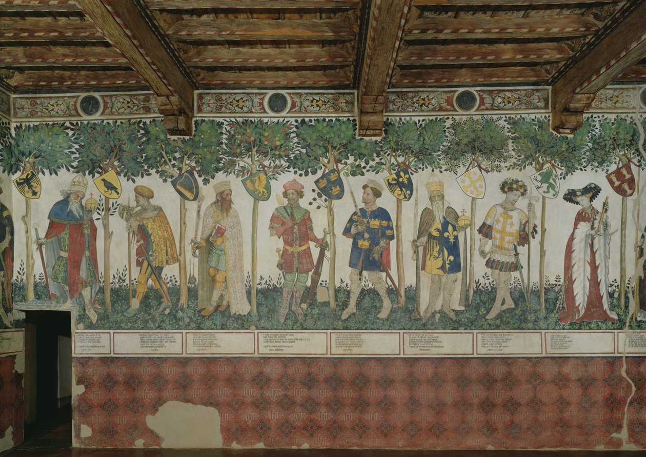 Yhdeksän arvoista ja yhdeksän arvoista naista, yksityiskohta Julius Caesarista, Joshuasta, kuningas Daavidista, Juudas Makkabeuksesta, kuningas Arthurista, Kaarle Suuresta, Godfrey de Bouillonista ja Delphinestä, 1418-30 tekijältä Giacomo Jaquerio