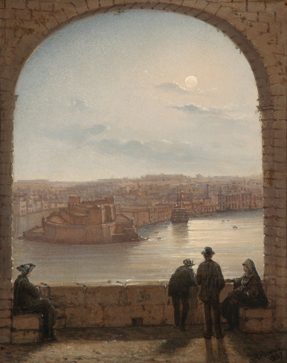 Kuun valaisema näkymä St Angelon linnoituksesta, Valletta, 1887. tekijältä Giancinto Gianni