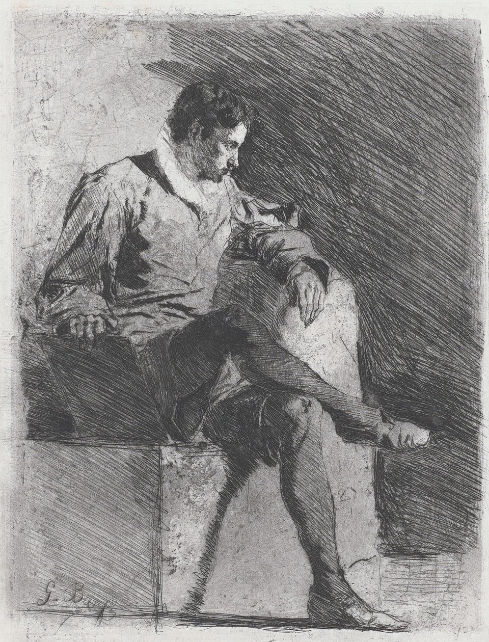 Istuva mies kuudestoista vuosisadan puvussa, n. 1878. tekijältä Gioacchino Banfi