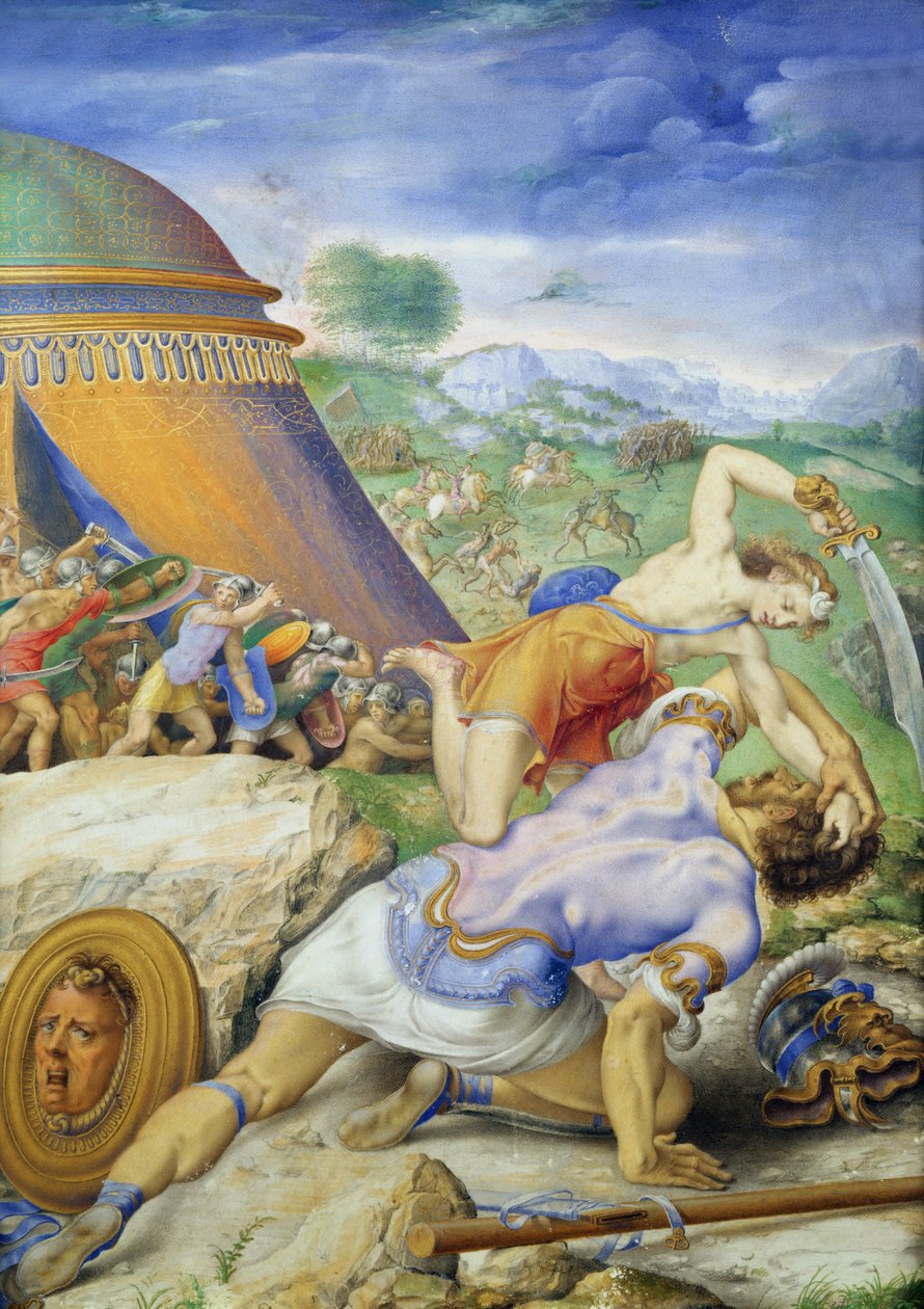 Daavid ja Goljat, n. 1557–1561 tekijältä Giorgio Giulio Clovio