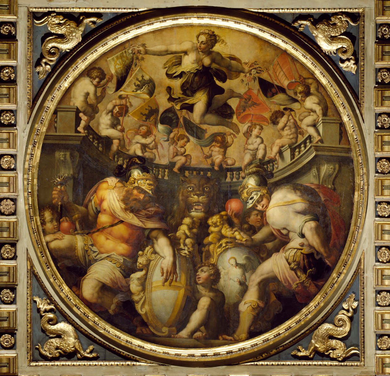 Allegoria Santa Crocen ja Santo Spiriton alueista Salone dei Cinquecenton katosta, 1565 (paneeli) tekijältä Giorgio Vasari