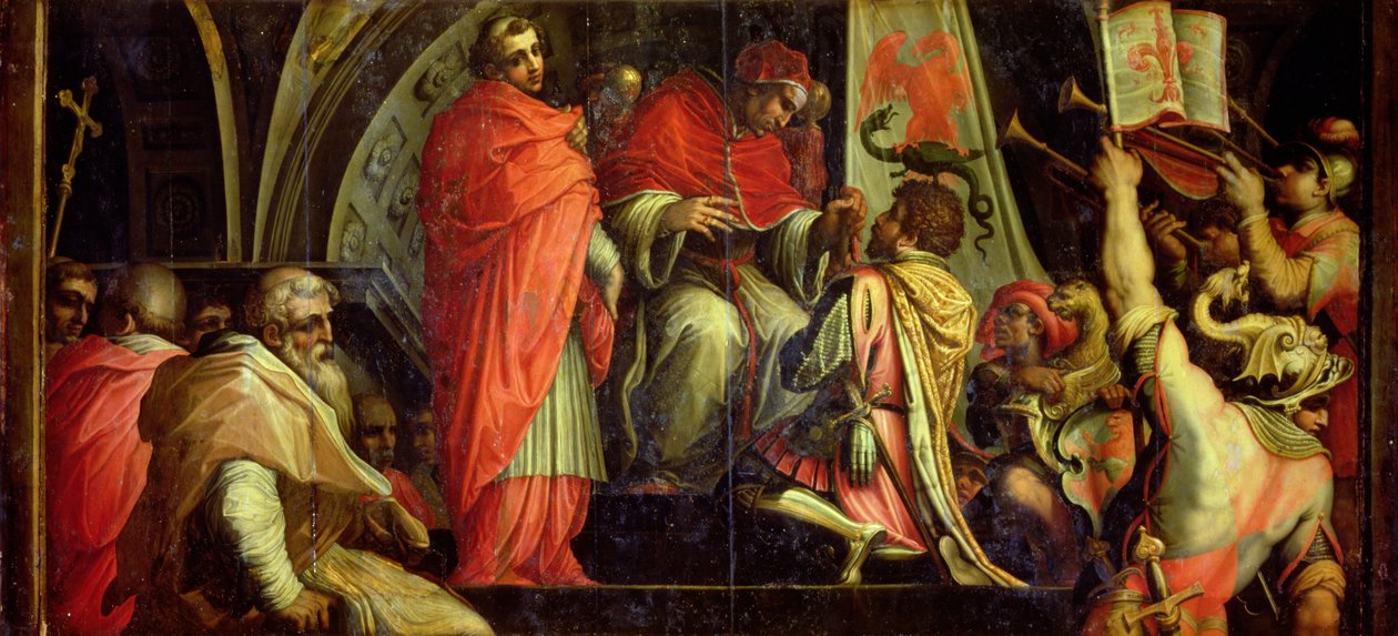 Klemens IV (1265-68) jakaa aseita Guelph-puolueen johtajille Salone dei Cinquecenton katosta, 1565 (paneeli) tekijältä Giorgio Vasari