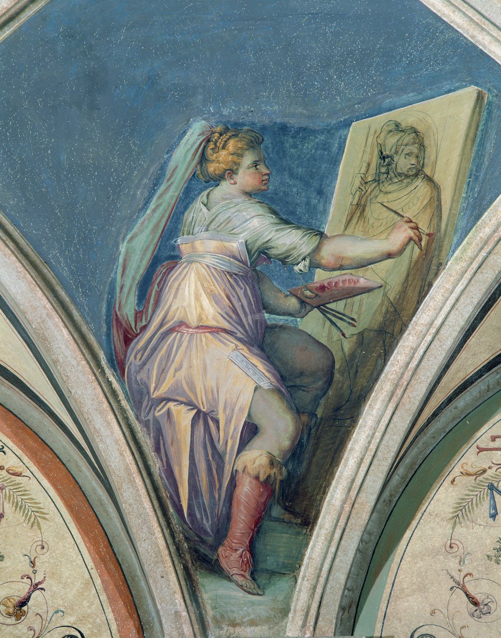 Istuva nainen maalaa muotokuvan miehestä, mahdollisesti taiteilijasta, Camera della Fama e delle Artista (Kulumeiden ja taiteiden salista) 1542 tekijältä Giorgio Vasari