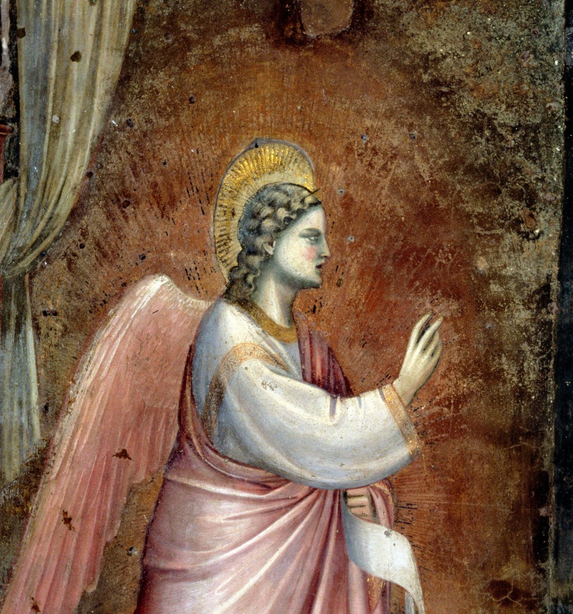 Anunciation, yksityiskohta enkeli Gabrielista alttarin yläpuolella olevasta lunetteesta, noin 1305 freskon yksityiskohta 97841 tekijältä Giotto di Bondone