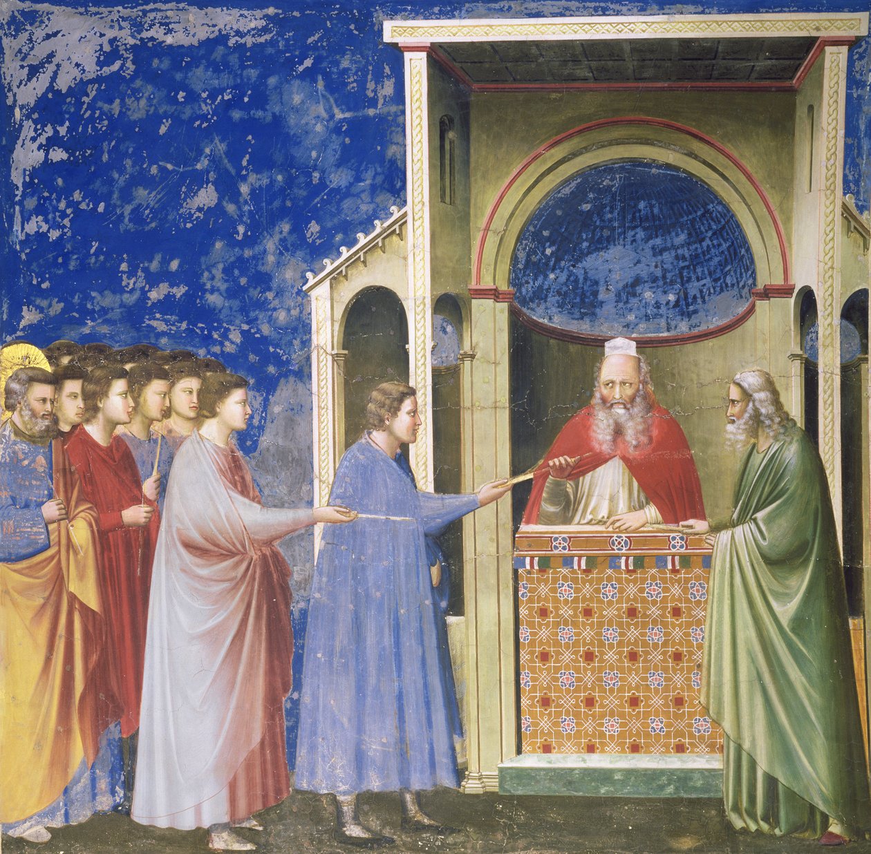 Neitsyen kosijat esittelevät sauvansa temppelissä, n. 1305 tekijältä Giotto di Bondone