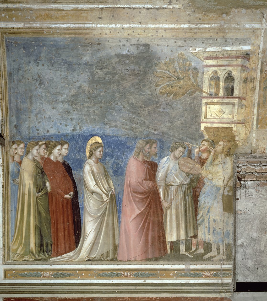 Neitsyen hääkulkue, n. 1305 (ennen restaurointia) tekijältä Giotto di Bondone