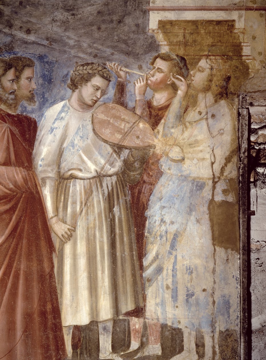 Neitsyiden hääkulkue, yksityiskohta muusikoista, noin 1305 fresko yksityiskohta 65205:stä tekijältä Giotto di Bondone