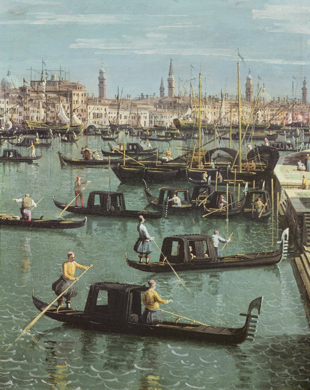 Gondolierit lähellä Grand Canalin sisäänkäyntiä ja Santa Maria della Saluten kirkkoa, Venetsia (yksityiskohta 156534) tekijältä Giovanni Antonio Canal