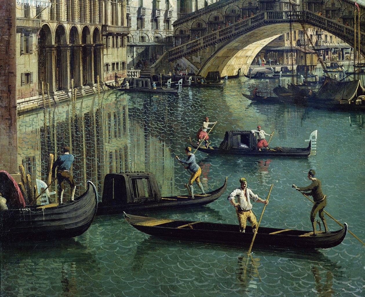 Gondolierit lähellä Rialton siltaa, Venetsia (yksityiskohta 155335) tekijältä Giovanni Antonio Canal