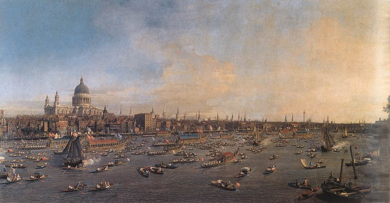 Thames -joki ja Pyhän Paulsin katedraali Lord Mayorsin päivänä tekijältä Giovanni Antonio Canal