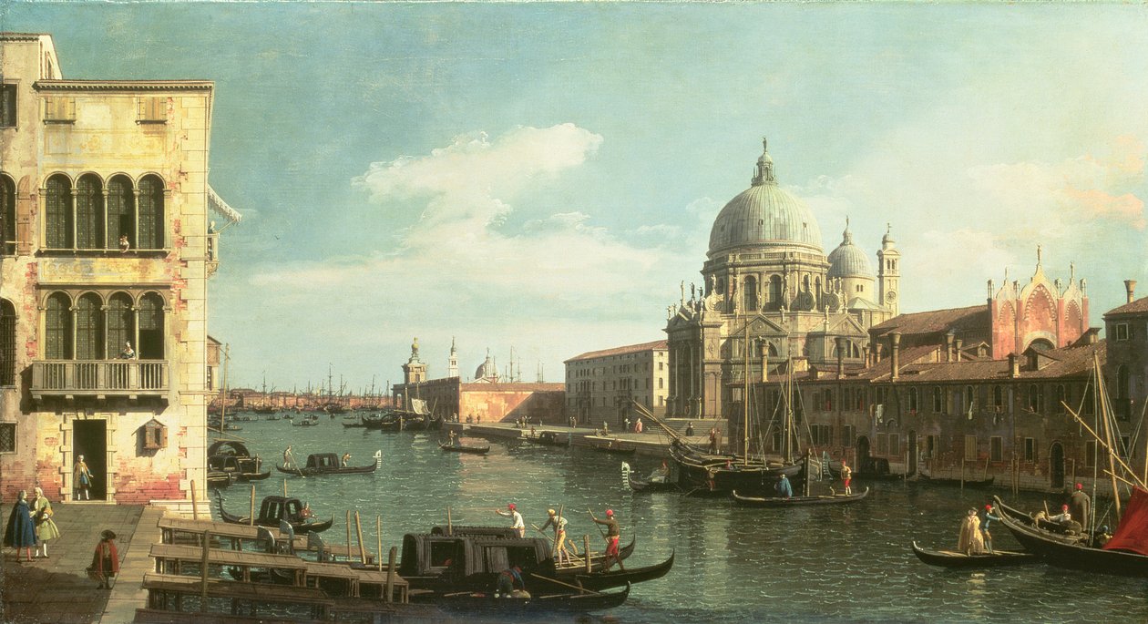 Näkymä Grand Canalille: Santa Maria della Salute ja Dogana Campo Santa Maria Zobenigosta, 1730-luvun alku tekijältä Giovanni Antonio Canal
