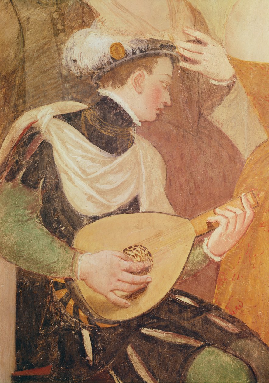 Kutsu tanssiin, yksityiskohta muusikosta, 1570 fresko tekijältä Giovanni Antonio Fasolo
