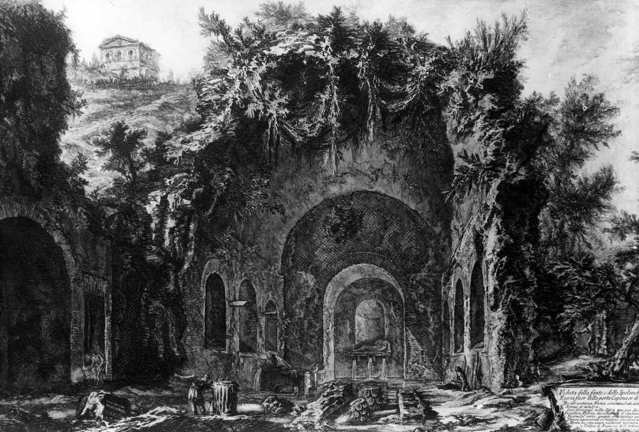Näkymä Egerian luolalle Porta Capenan ulkopuolella, Rooman näkymät -sarjasta, n. 1760 tekijältä Giovanni Battista Piranesi
