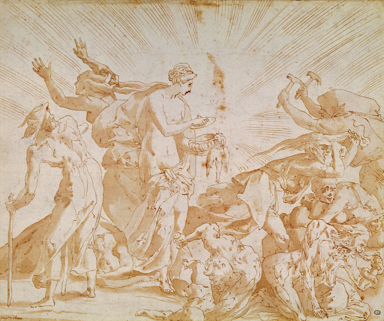 Pandora avaa laatikon (kynä, muste ja pesu paperille) tekijältä Giovanni Battista Rosso Fiorentino