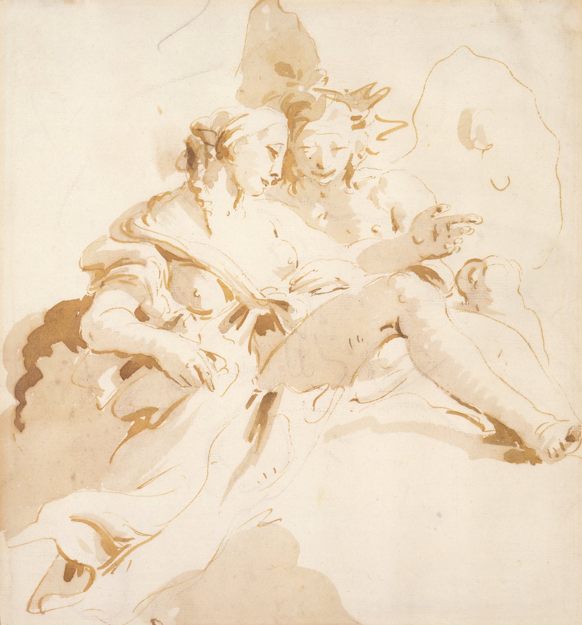 Zephyr ja Flora (kynä ja ruskea muste, ruskea pesu, mustalla liidulla, paperille) tekijältä Giovanni Battista Tiepolo