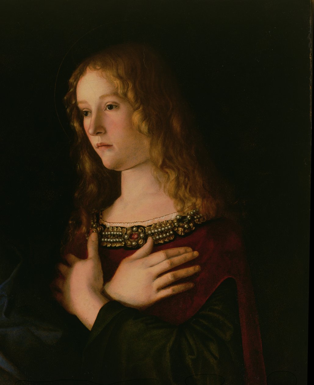 Maria Magdaleena, yksityiskohta Neitsyestä ja lapsesta Pyhän Katariinan ja Maria Magdaleenan kanssa, n. 1500 tekijältä Giovanni Bellini