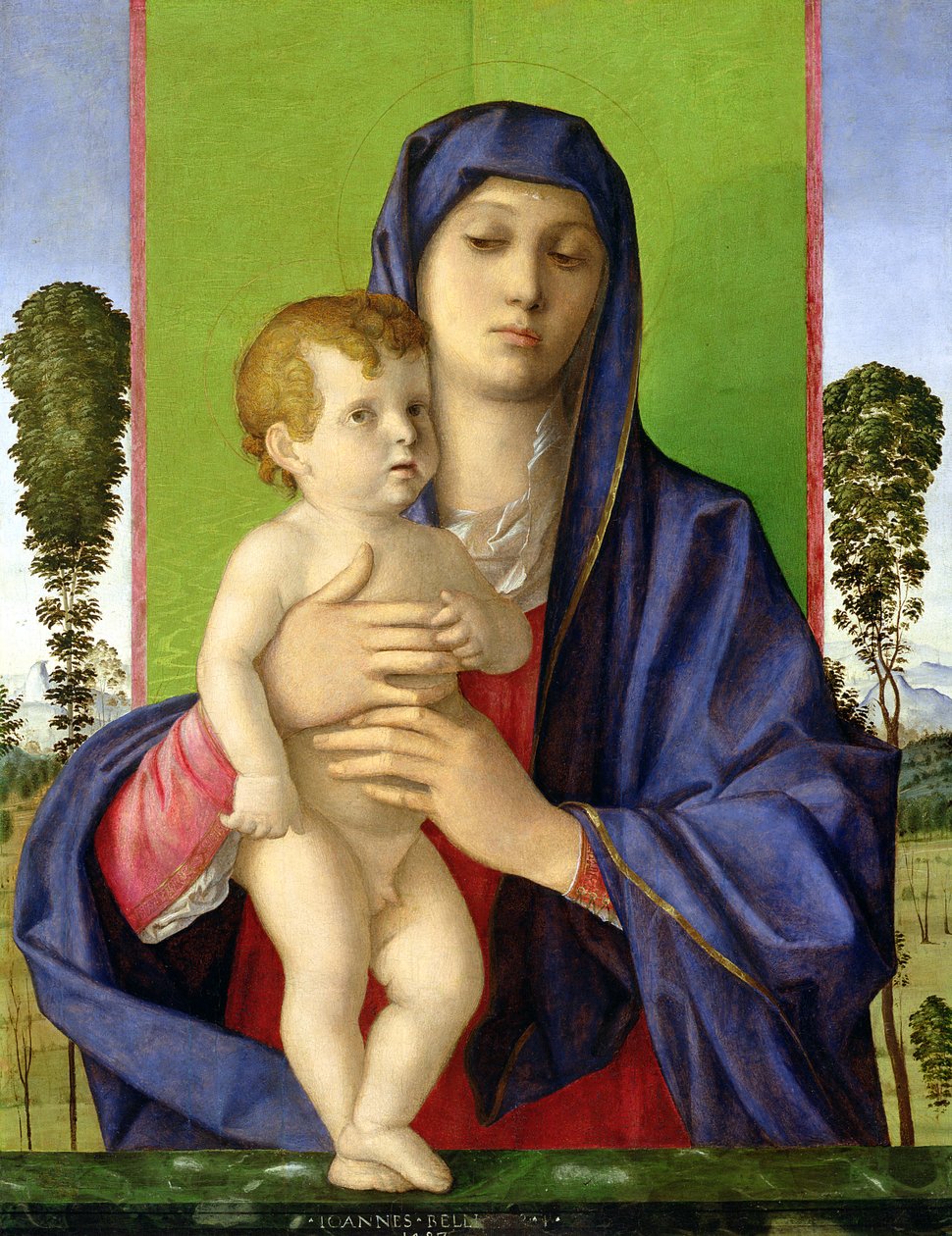 Puiden Madonna (Madonna degli Alberetti), 1487 (vuoden 1997 jälkeinen entisöinti) tekijältä Giovanni Bellini