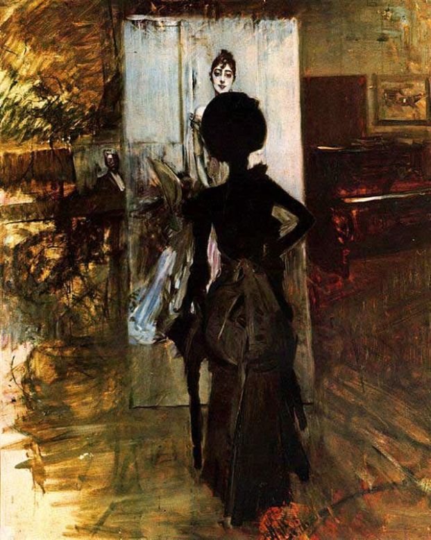  Woman in Black who Watches the Pastellbild of Signora Emiliana Concha de OssanDeutsch: Frau in Schwarz, die auf das Pastellbild von Signora Emiliana Concha de Ossa schautnPolski: Kobieta w czerni, patrzaca na pastel signory Emiliany Concha de Ossyn tekijältä Giovanni Boldini